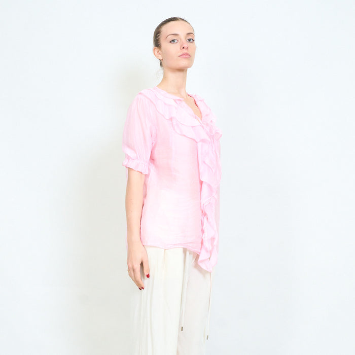 Front cascade ruffle short sleeve blouse wholesale