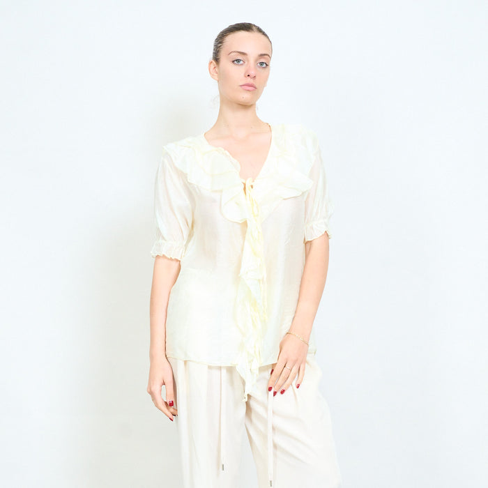 Front cascade ruffle short sleeve blouse wholesale