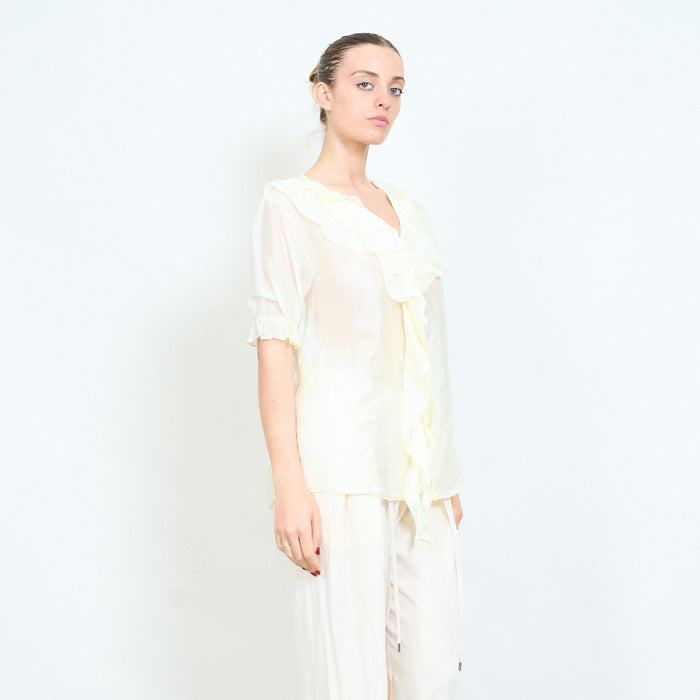Front cascade ruffle short sleeve blouse wholesale