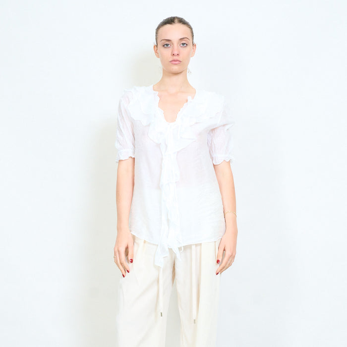 Front cascade ruffle short sleeve blouse wholesale