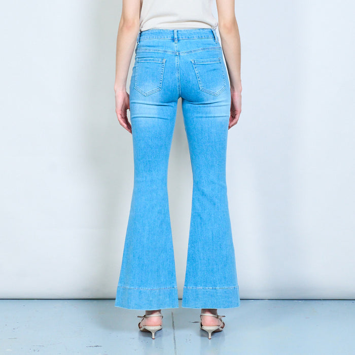 Front patch pocket flare-leg denim jeans with structured hem panel wholesale