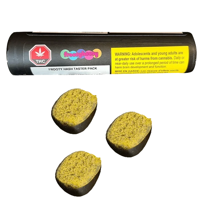 A top-down view of the Frooty Hash Taster Pack, showing three small, colorful hash portions in a simple package.
