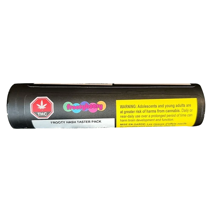 Front view of the Frooty Hash Taster Pack packaging, featuring bold lettering and a cannabis leaf symbol against a light background.