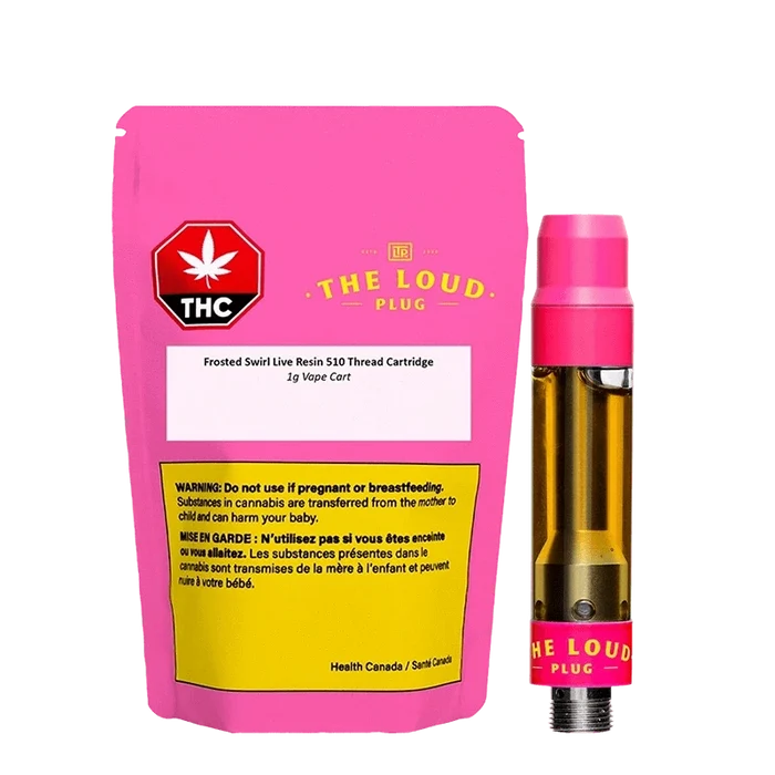 Front view of the Frosted Swirl Live Resin Vape Cartridge with a white, swirling pattern and gold "LOUD" branding.