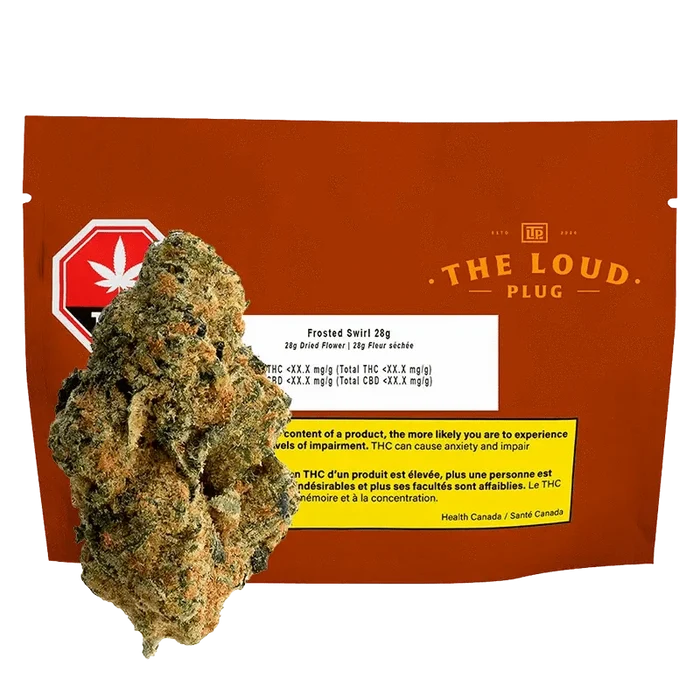 Front view of the Frosted Swirl package with a stylized cannabis leaf against a dark background.