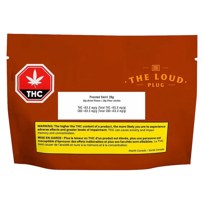 The Frosted Swirl package displays a white label with text and a green cannabis leaf logo against a dark background.
