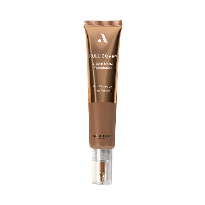 ABSOLUTE NEW YORK full cover liquid foundation tube in deep tan shade with matte finish and pump applicator