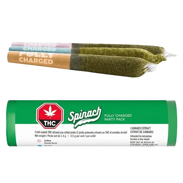 Close-up of the Fully Charged Party Pack Infused Pre Rolled 3 x 0.5 g packaging, showcasing a colorful, angled design with bold text.