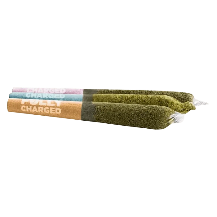 A close-up view of the Fully Charged Party Pack Infused Pre Rolled 3 x 0.5 g pre-rolls, displaying three rolled joints against a plain white background.