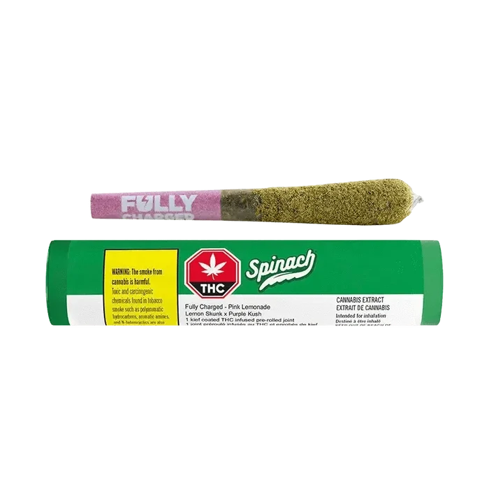 A close-up shot of the Fully Charged Pink Lemonade Infused Pre Rolled 1 x 0.7 g packaging against a black background, featuring a vibrant pink and green design.