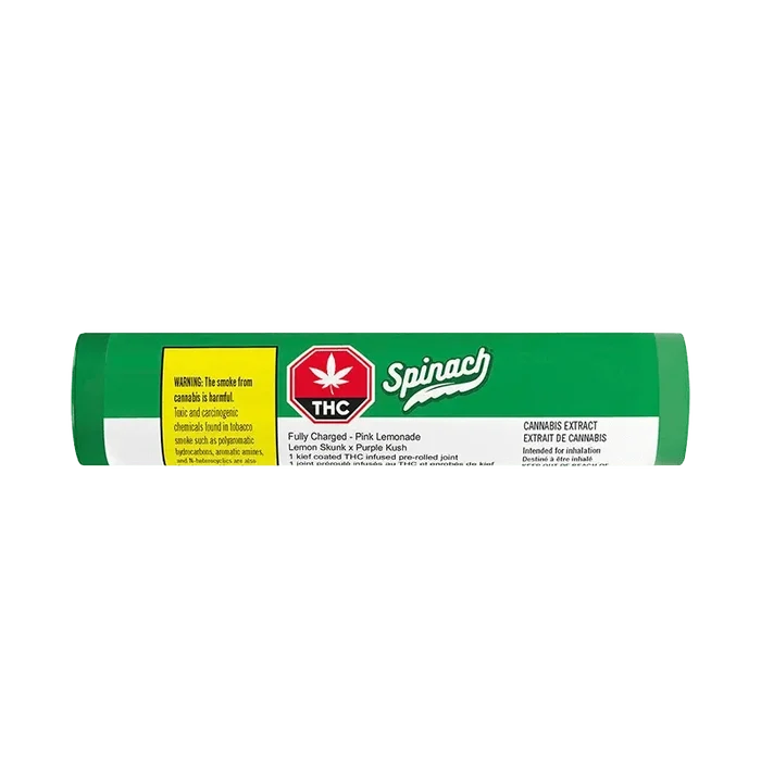 Front view of the Fully Charged Pink Lemonade Infused Pre Rolled packaging, with a warning label and branding details in a bright, colorful style.