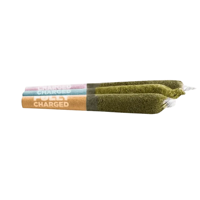 A close-up, angled view of the Fully Charged Tropical Pack Infused Pre Rolled 3 x 0.5 g, showing the green-colored, packaged cannabis product.