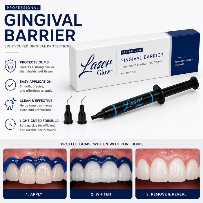 LaserGlow light-cure gingival barrier kit with applicator syringe and teeth whitening results