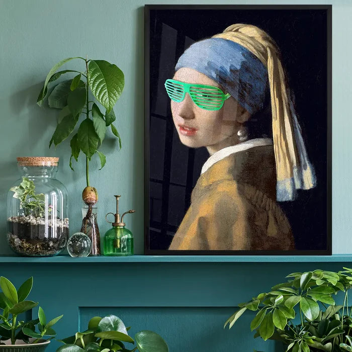 Girl With Green Shutter Shades Print, quirky altered art print black framed on a living room shelf
