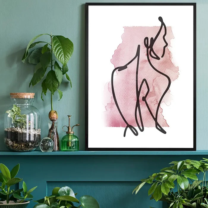 Glancing Watercolour Line Art Print black framed on a living room shelf