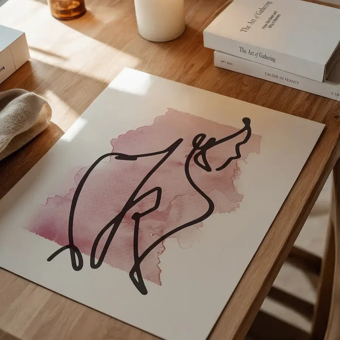 Glancing Watercolour Line Art Print unframed on a home office desk