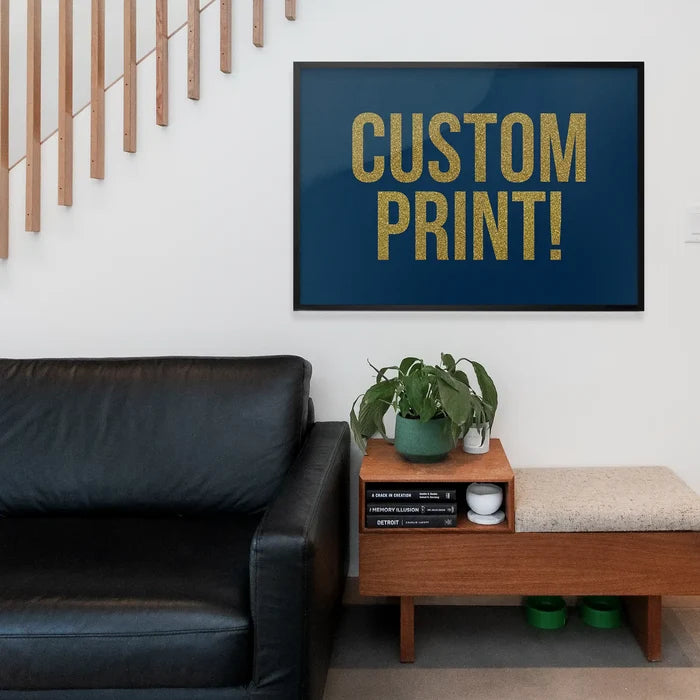 Gold Glitter Personalised Text Print, typography print framed above a living room sofa