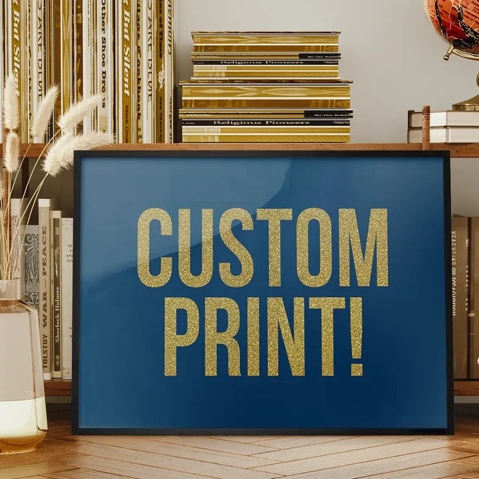 Gold Glitter Personalised Text Print framed on a living room bookshelf