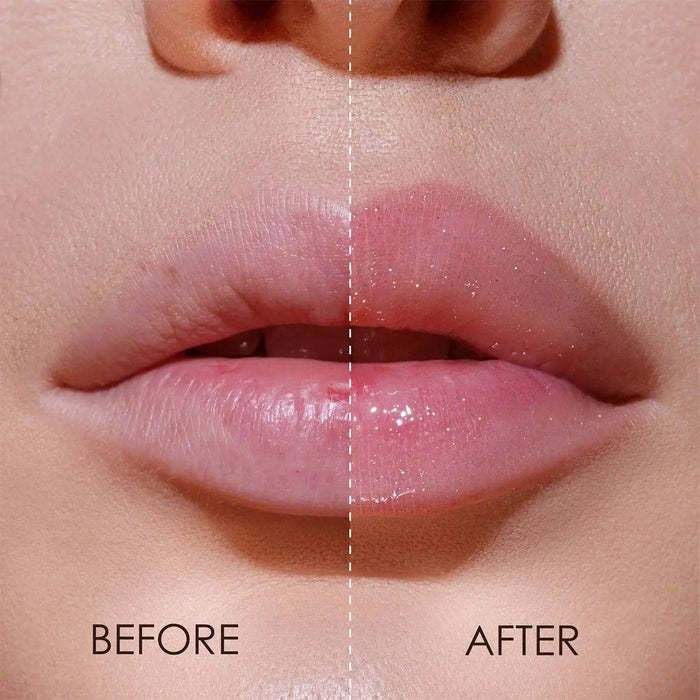 A split-screen with-and-without demonstration of the Golden Glimmer Gloss on a model's lips.