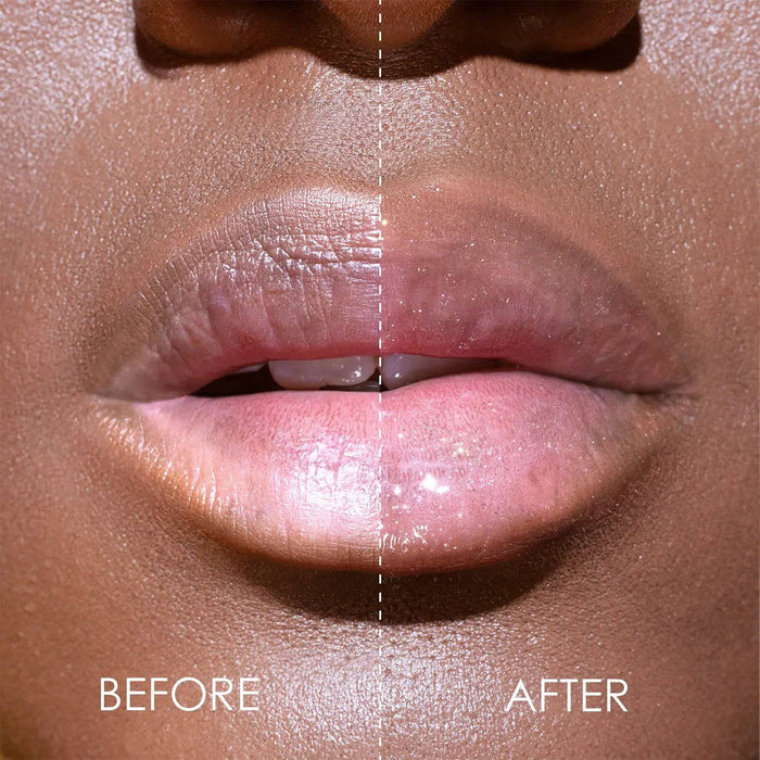 A split-screen with-and-without demonstration of the Golden Glimmer Gloss on a model's lips.