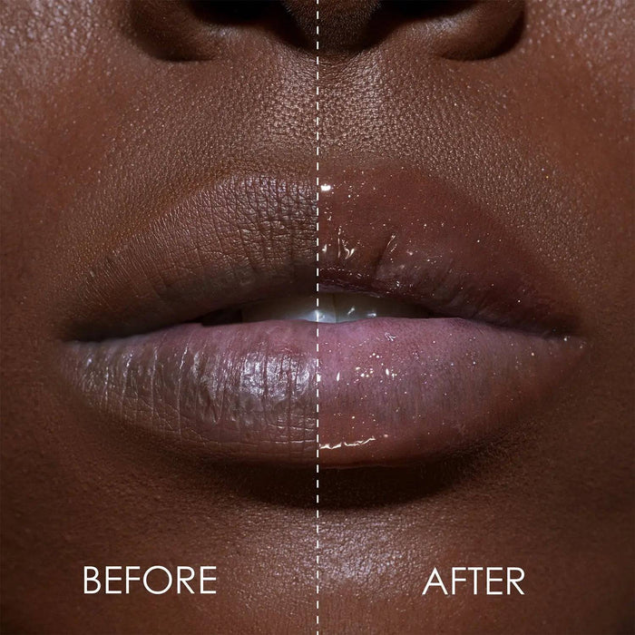 A split-screen with-and-without demonstration of the Golden Glimmer Gloss on a model's lips.