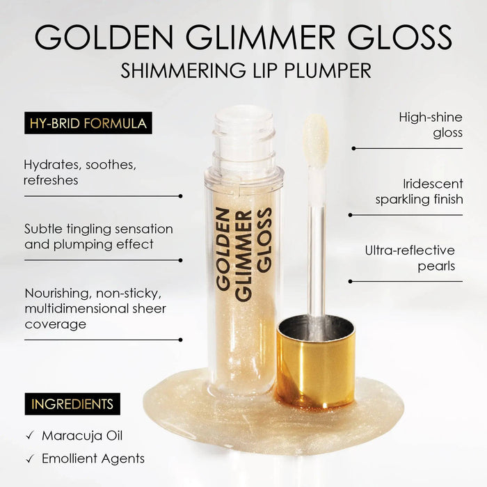 A product feature page for Golden Glimmer Gloss. It highlights a HY-BRID formula that hydrates and provides a subtle tingling sensation for a plumping effect. The nourishing, non-sticky gloss features ultra-reflective pearls for an iridescent sparkling finish and contains Maracuja Oil and Emollient Agents.