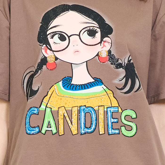 Graphic cartoon girl "Candies" print relaxed t-shirt wholesale