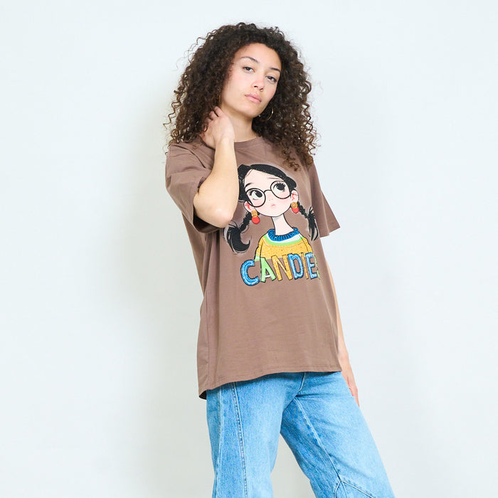 Graphic cartoon girl "Candies" print relaxed t-shirt wholesale