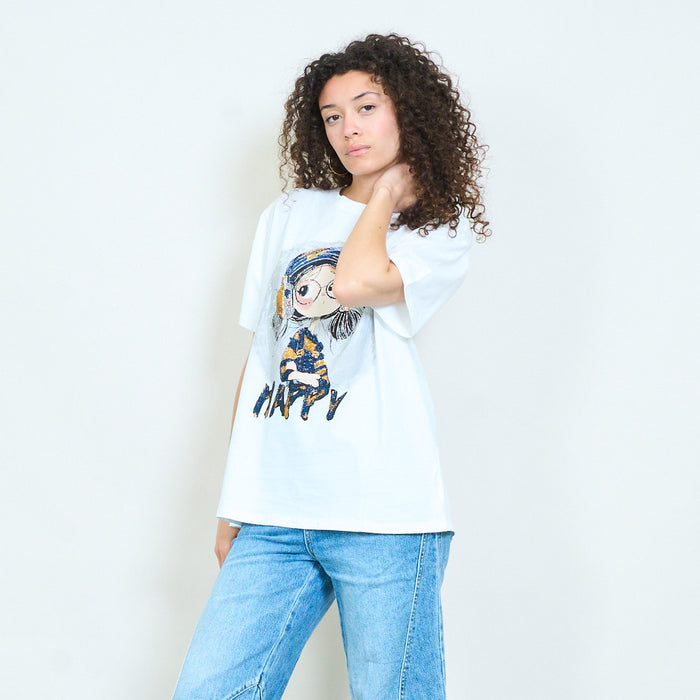 Graphic cartoon girl "Happy" print sequins embellished relaxed t-shirt wholesale