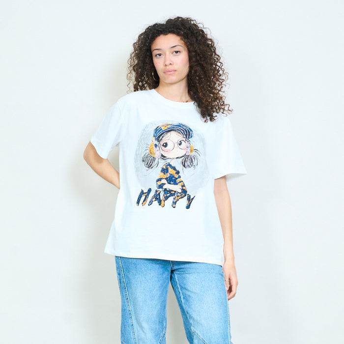 Graphic cartoon girl "Happy" print sequins embellished relaxed t-shirt wholesale