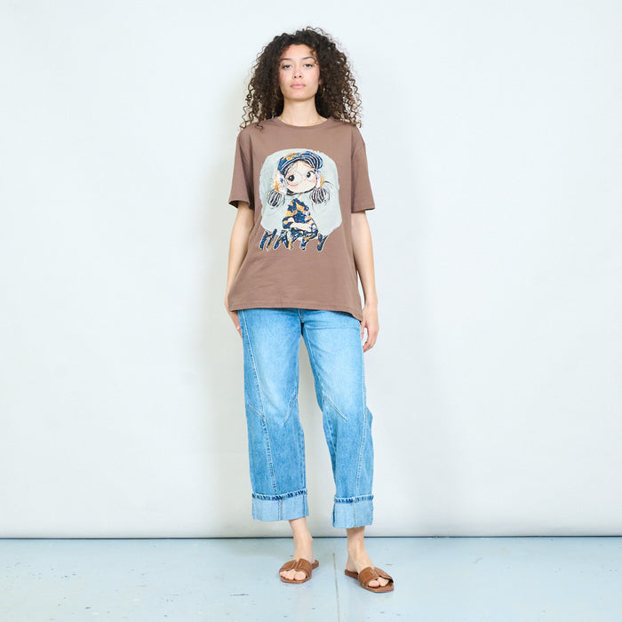 Graphic cartoon girl "Happy" print sequins embellished relaxed t-shirt wholesale