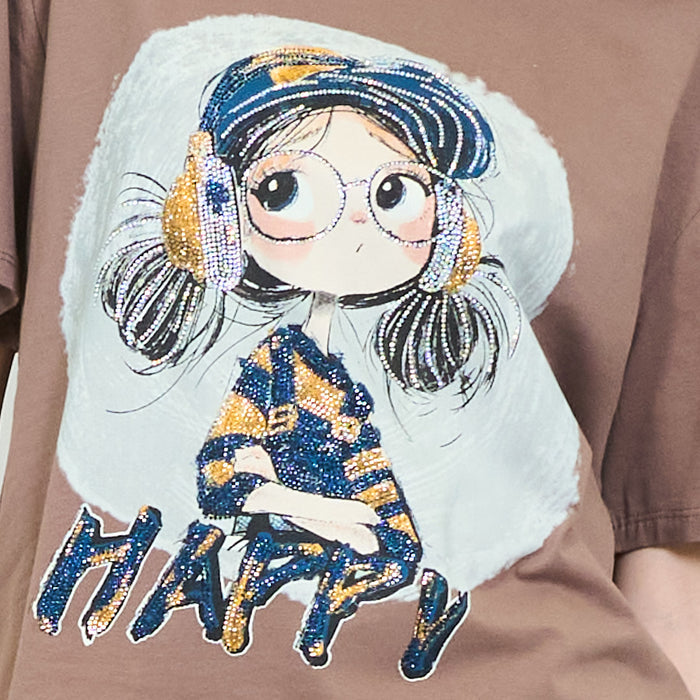 Graphic cartoon girl "Happy" print sequins embellished relaxed t-shirt wholesale