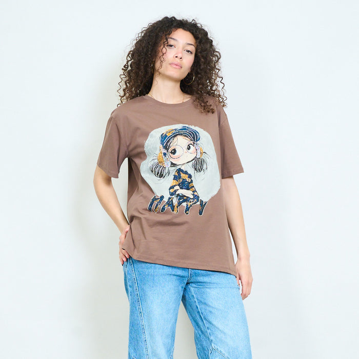 Graphic cartoon girl "Happy" print sequins embellished relaxed t-shirt wholesale