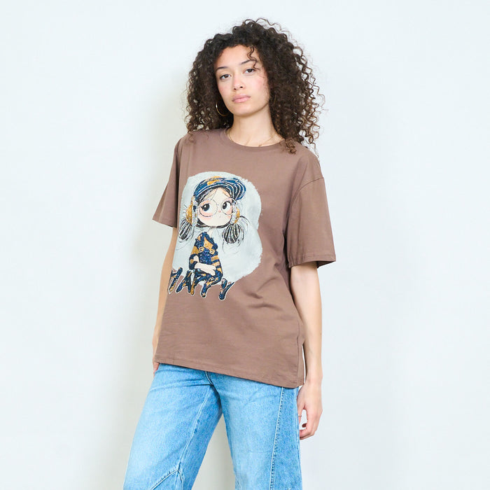 Graphic cartoon girl "Happy" print sequins embellished relaxed t-shirt wholesale