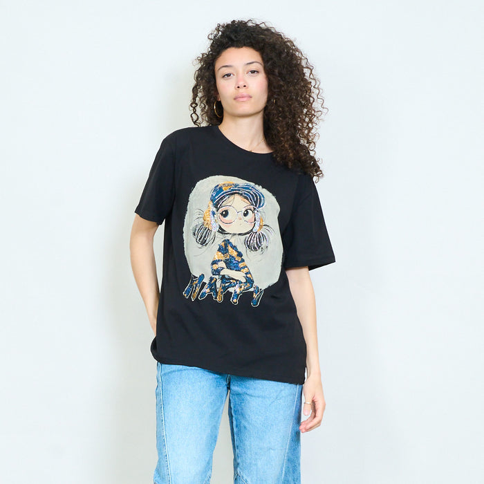 Graphic cartoon girl "Happy" print sequins embellished relaxed t-shirt wholesale