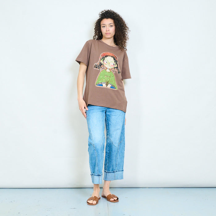 Graphic cartoon girl rhinestones embellished relaxed t-shirt wholesale