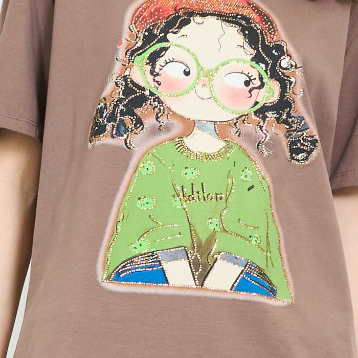 Graphic cartoon girl rhinestones embellished relaxed t-shirt wholesale