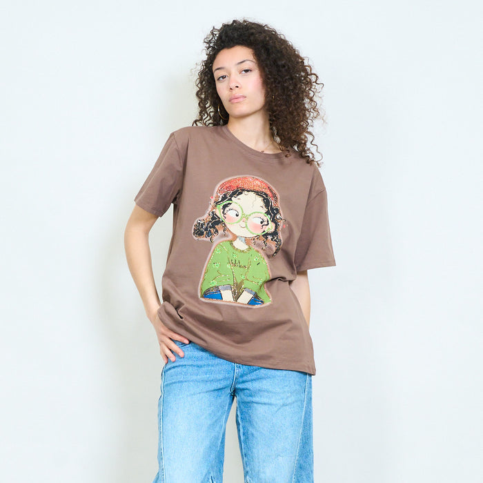 Graphic cartoon girl rhinestones embellished relaxed t-shirt wholesale
