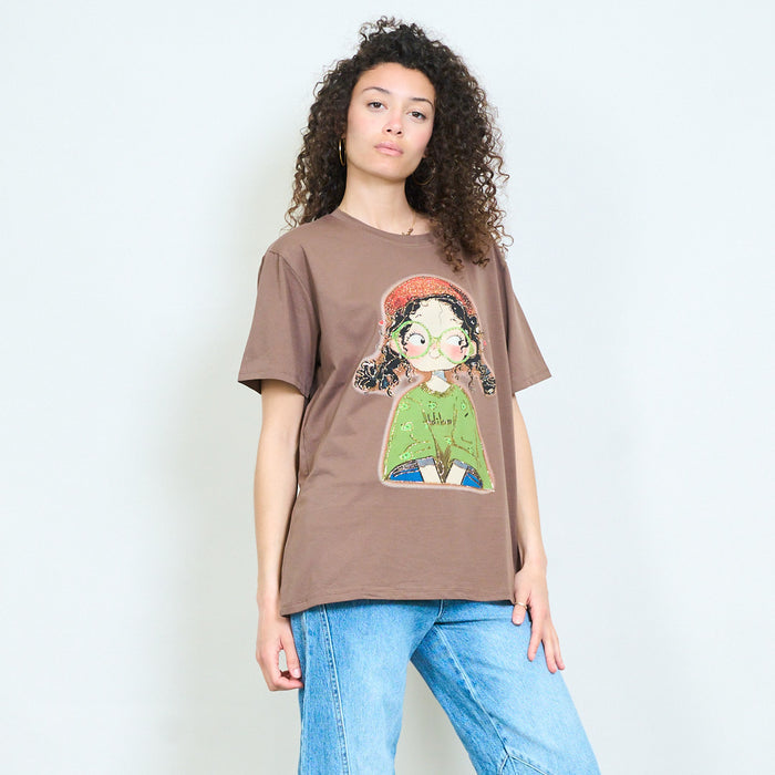 Graphic cartoon girl rhinestones embellished relaxed t-shirt wholesale