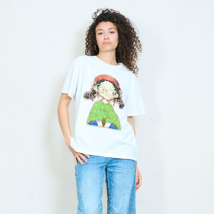 Graphic cartoon girl rhinestones embellished relaxed t-shirt wholesale
