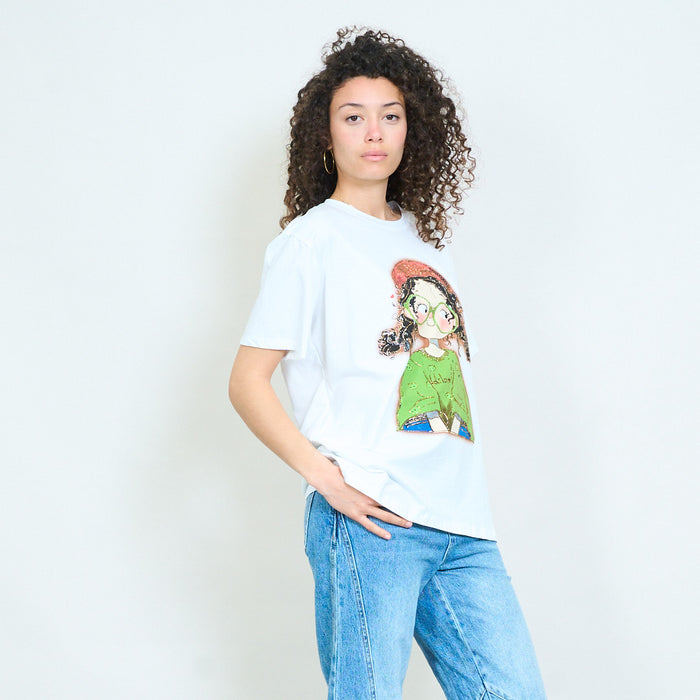 Graphic cartoon girl rhinestones embellished relaxed t-shirt wholesale