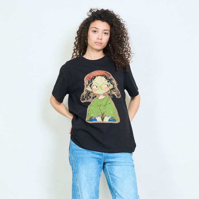 Graphic cartoon girl rhinestones embellished relaxed t-shirt wholesale