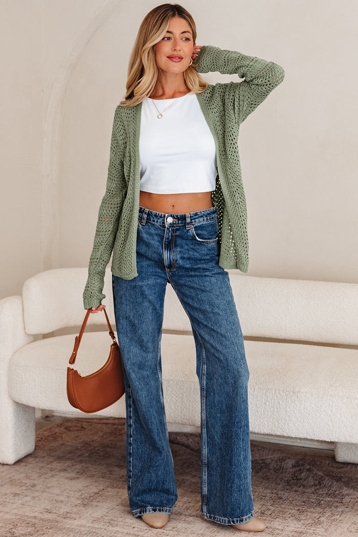 Green Bay Scalloped Edge Eyelet Knit Batwing Sleeve Cardigan 🇺🇸