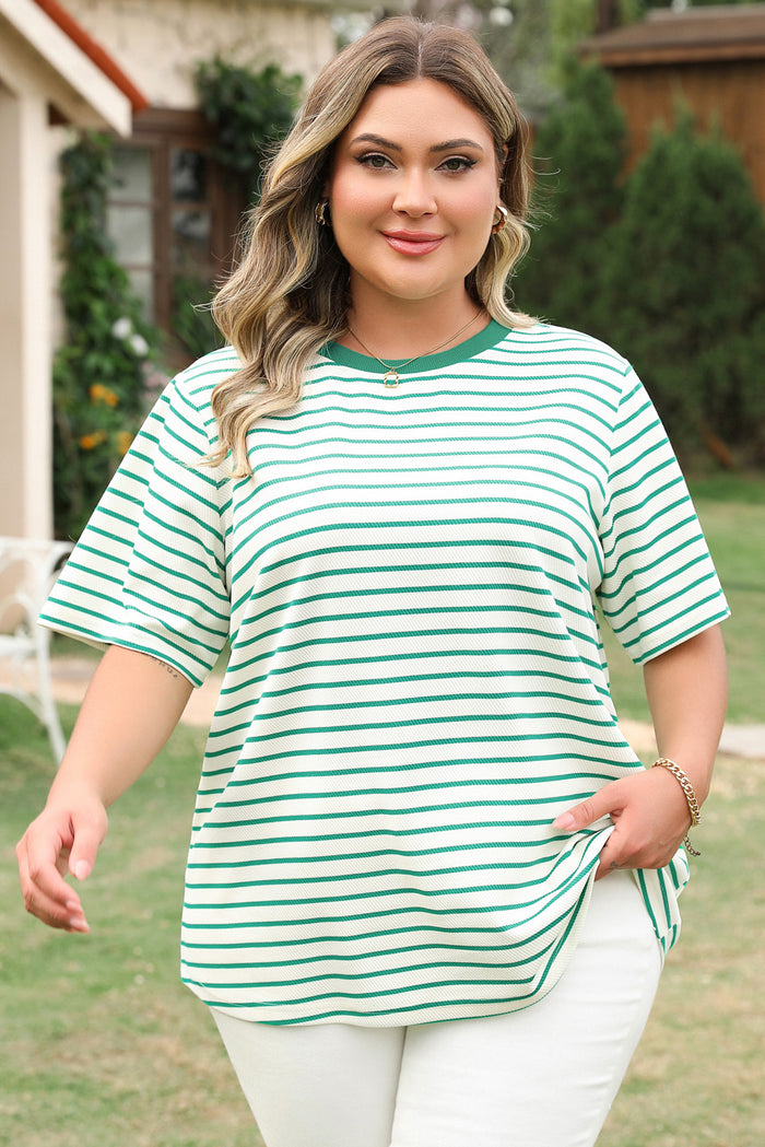 Green Stripe Plus Size Round Neck T Shirt 🇨🇳