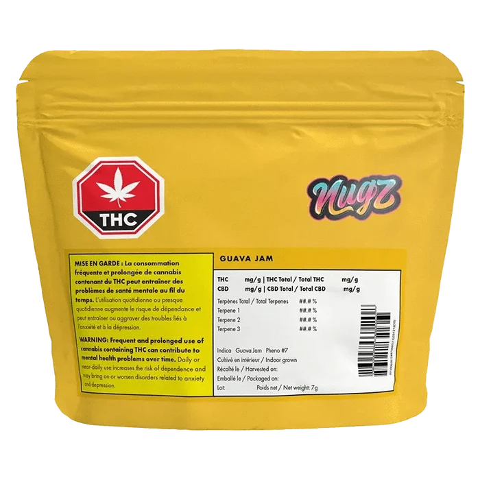 Close-up of the “Guava Jam” package with a dark background and prominent THC warning label.
