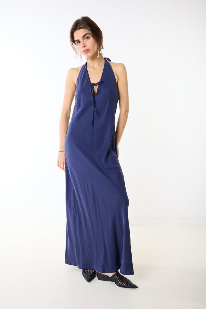 Halter neck lace up fluid maxi dress wholesale