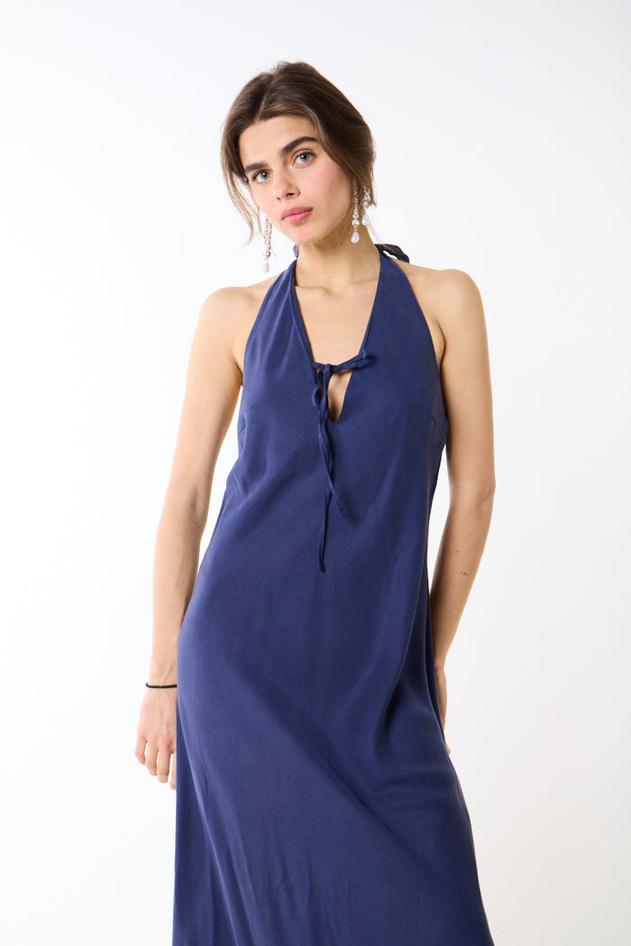 Halter neck lace up fluid maxi dress wholesale