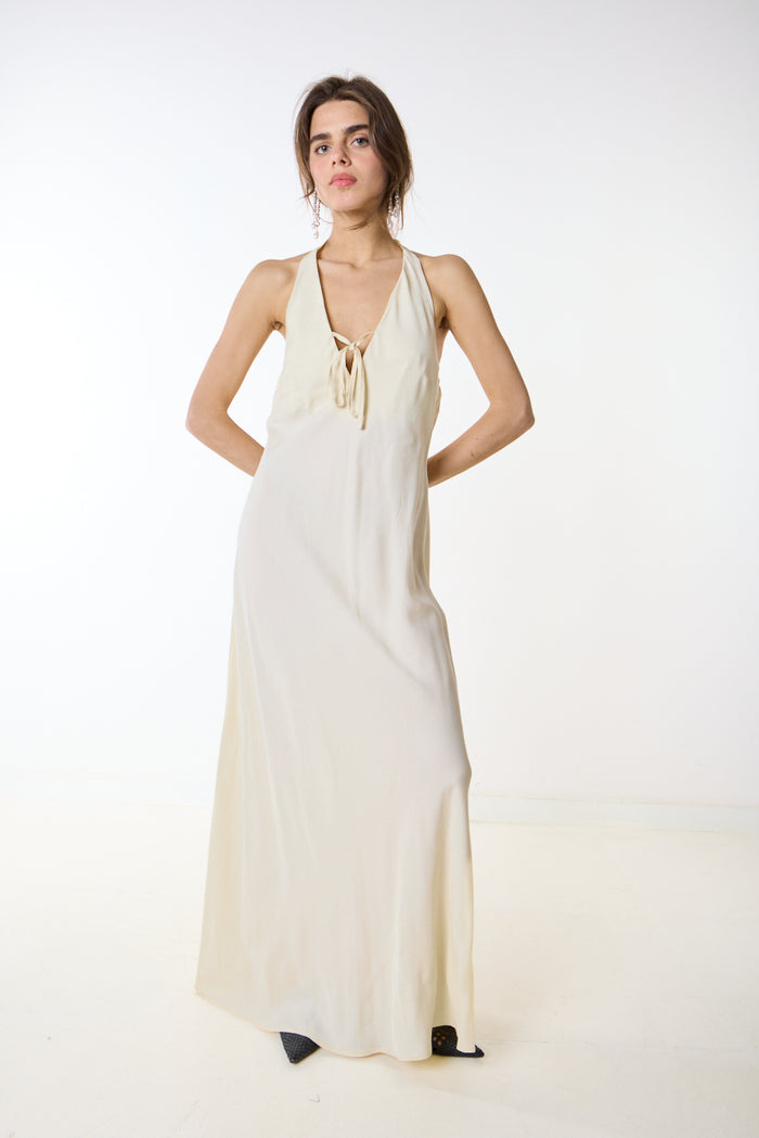 Halter neck lace up fluid maxi dress wholesale
