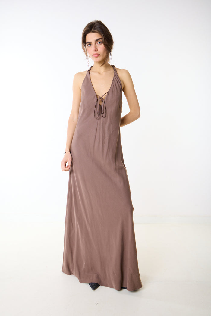 Halter neck lace up fluid maxi dress wholesale