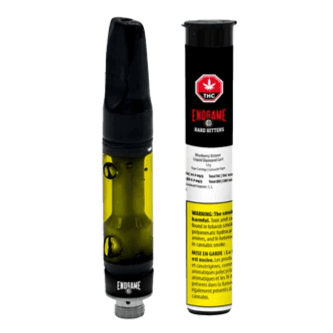 A close-up, angled view of the Hard Hitters Blueberry Octane Liquid Diamond Vape Cartridge, showing its clear tank and labeling.